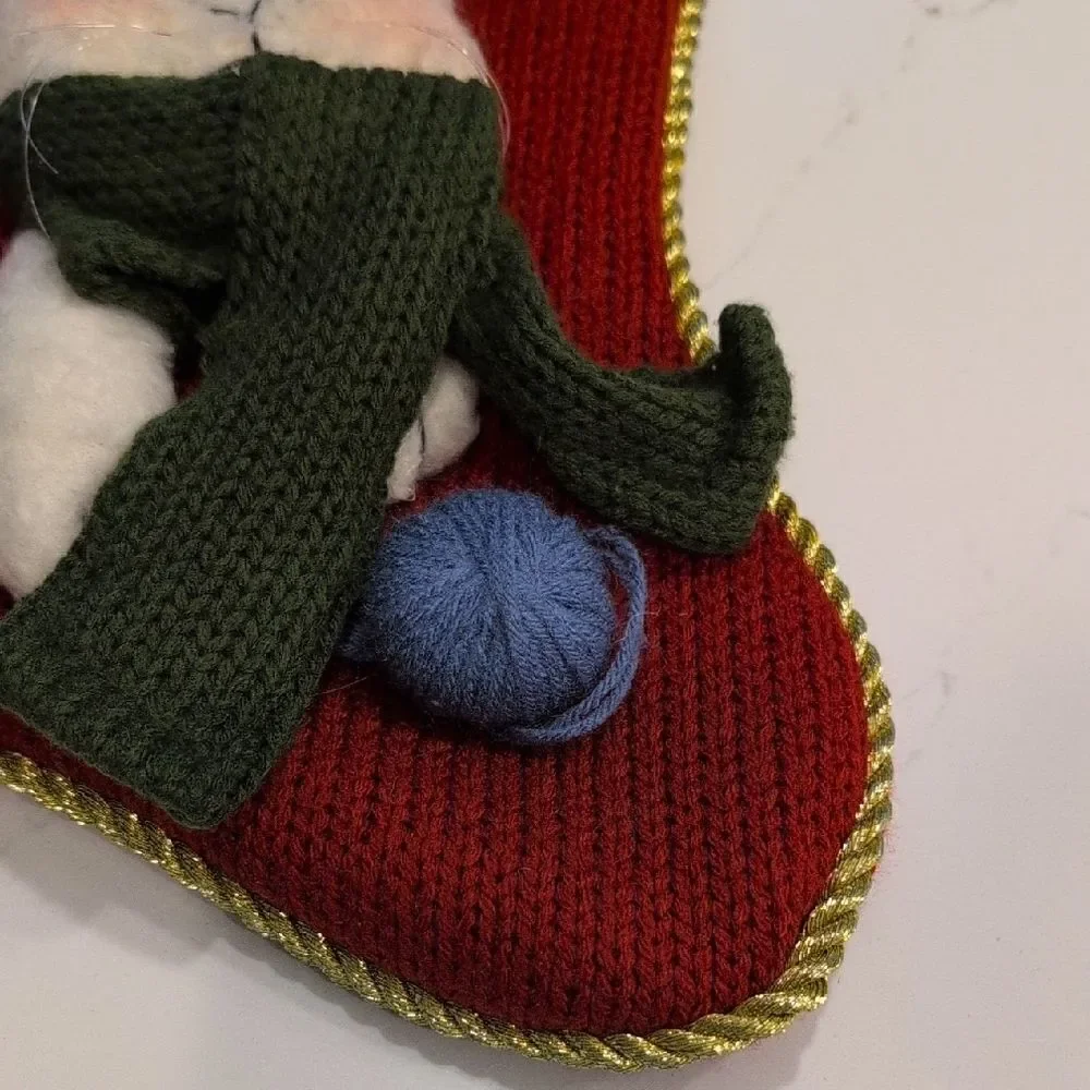 Chunky Knit Embroidered I Love My Cat Red And Green Christmas Stocking